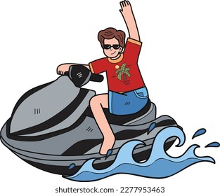 Tourists are playing jet skis in the sea illustration in doodle style isolated on background