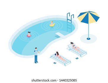 Tourists at pool isometric vector illustration. Mothers with children and waiter 3D cartoon characters. Young women in bikini sunbathing, little kids swimming, man holding serving tray with cocktails