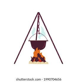 Touristenkopf auf Campfeuer-Flamme, flache Vektorgrafik einzeln auf weißem Hintergrund. Symbol des Abenteuers und Tourismus, Wandern und Erholung auf der Natur.