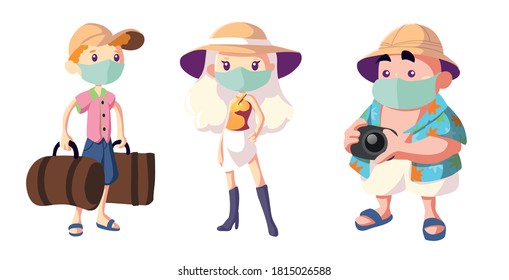 Tourists in protective medical face masks. Travel set during coronavirus.