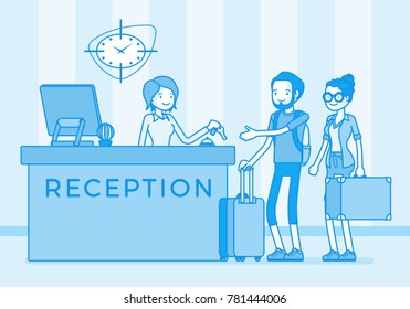 Touristen an der Rezeption in einem Hotel. Junge Paare, frisch verheiratete Paare, Ankunfts- und Buchungszimmer, Termin- und Reservierungsleiter, der Besucher und Gäste willkommen heißt. Vektorgrafik-Illustration