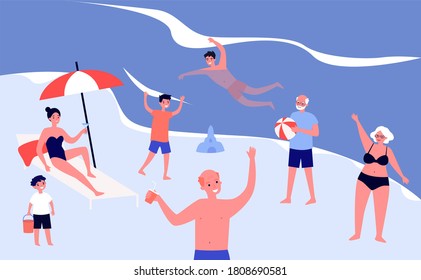 Tourists relaxing on beach. People swimming in sea, playing ball, drinking cocktail flat vector illustration. Vacation, summer, outdoor activity concept for banner, website design or landing web page