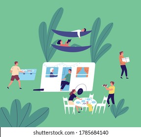 Tourists resting at camping area vector flat illustration. People travel on trailer or camper van, cooking and eating food outdoor, talking and lying in hammock. Man and woman enjoy summer vacation