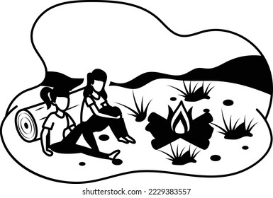 Tourists resting in campsite near campfire Concept,Friends together sitting near bonfire vector icon design, Outdoor weekend Activity symbol, Tourist Holiday Scene Sign, Relaxing people Vacation stock