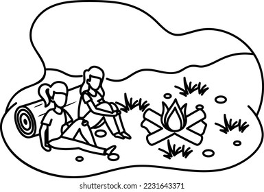 Tourists resting in campsite near campfire Concept,Friend together sitting near bonfire vector outline icon design, Outdoor weekend Activity symbol,Tourist Holiday Scene Sign, Happy people at Vacation