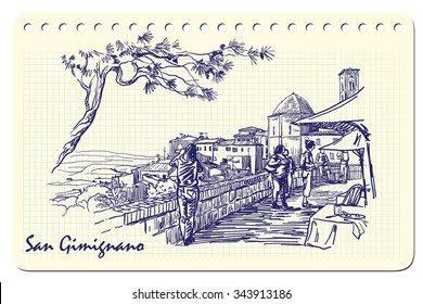 Tourists resting under the pine tree and enjoying countryside panorama in San Gimignano. Sketch imitating ink pen scribbling in a notepad. EPS10 vector illustration.