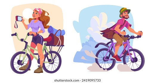 Tourists ride bicycle while travel or on active recreation. Cartoon vector eco tourism concept with man driving bike on natural background, woman taking photo on camera. Young people cycling at summer