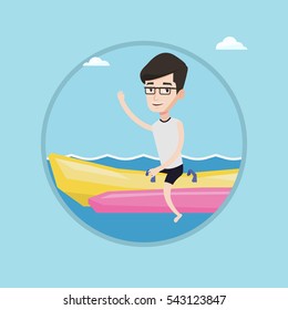 Tourists riding a banana boat and waving hand. Caucasian man having fun on banana boat in sea. Man enjoying his summer vacation. Vector flat design illustration in the circle isolated on background.