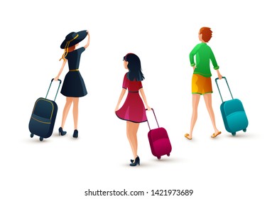 Tourists with rolling suitcases flat vector illustration. Travelers isolated cartoon character on white background. Man and woman with baggage are going to travel. Group of holidaymakers