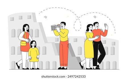 Tourists in Rome. Men and women with cameras near Colosseum. Travelers in Italy. Holiday and vacation, tourism. People near historic amphitheater. Linear vector illustration