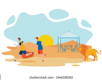 Tourists Running from Lion Vector Illustration. Dangerous Situation, Savannah Desert Wildlife. People and African Wild Animal Flat Characters. Cartoon Sand Dunes, Gazebo and Sun Skyline