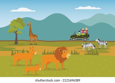 Tourists at safari park 2d flat vector illustration concept for banner, website, landing page, ads, flyer template