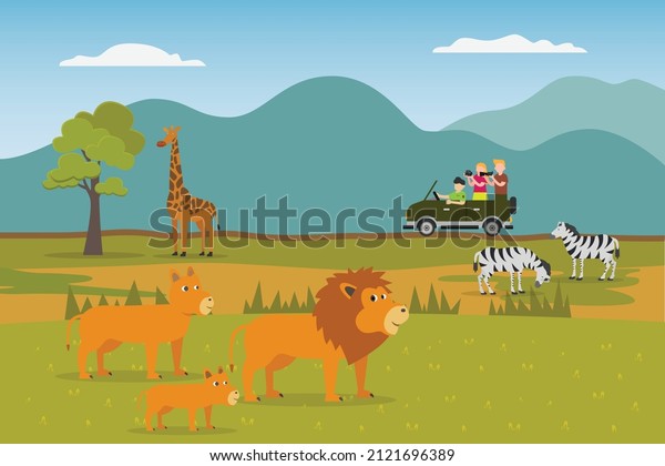 Tourists at\
safari park 2d flat vector illustration concept for banner,\
website, landing page, ads, flyer\
template