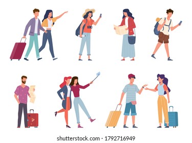 Tourists. Seasonal recreation, travelling people with baggage, backpacks, bags and suitcases, vacation families and couple taking photo, travelers on excursion or in airport vector flat characters