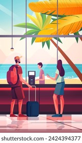 tourists self check in at automatic machine or buying tickets in interactive terminal summer vacation traveling concept