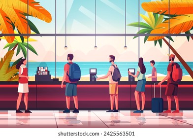 tourists self check in at automatic machine or buying tickets in interactive terminal summer vacation traveling concept