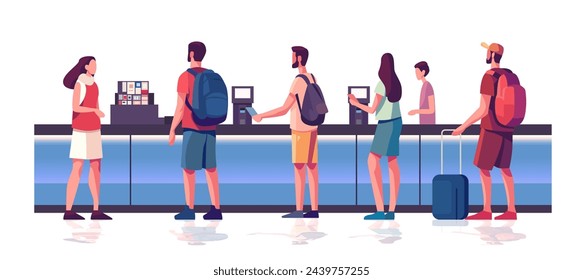 tourists self check in at automatic machine or buying tickets in interactive terminal summer vacation traveling concept