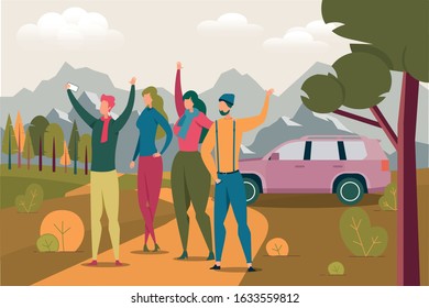 Tourists Selfie in Mountains Flat Illustration. Friends, Couples Having Road Trip Cartoon Characters. Young People Taking Photos in Wild Nature, Enjoying Picturesque Mountainous Landscape