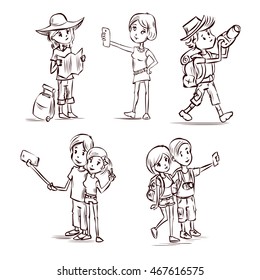 Tourists set. Style people and couples. Hand drawn cartoon vector illustration.