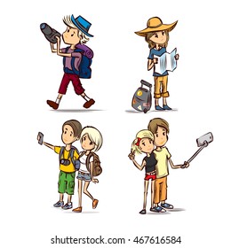 Tourists set. Style people and couples. Hand drawn cartoon vector illustration.