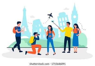 Tourists are at sightseeing flat travel concept vector illustration. People making photo and selfie for memory. Travel agency, leisure industry, airlines, individual and group tours