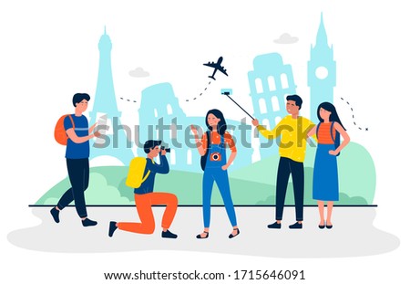 Tourists are at sightseeing flat travel concept vector illustration. People making photo and selfie for memory. Travel agency, leisure industry, airlines, individual and group tours