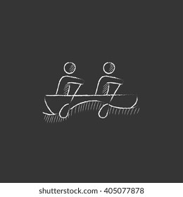 Tourists sitting in boat. Drawn in chalk icon.
