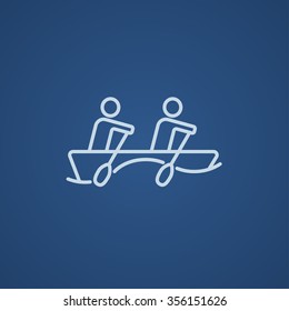 Tourists sitting in the boat line icon for web, mobile and infographics. Vector light blue icon isolated on blue background.