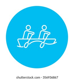 Tourists sitting in the boat line icon for web, mobile and infographics. Vector white icon on the light blue circle isolated on white background.