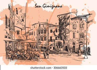 Tourists sitting in street cafe and wandering around on the Piazza del Cisterna in San Gimignano. Sketch imitating ink drawing with a grunge background on a separate layer. EPS10 vector illustration.