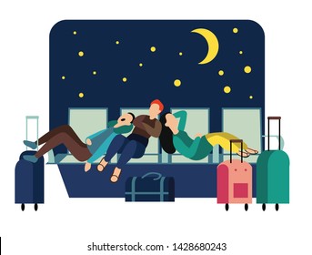 Tourists sleeping in chairs at night in airport. Woman and men napping in lounge hall waiting flight. Flight delayed or canceled. Troubles during vacation. Flat cartoon vector illustration