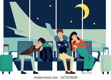 Tourists sleeping waiting in departure lounge at night in airport. Woman and men napping in chairs in airport. Flight delayed or canceled. Troubles during vacation. Flat cartoon vector illustration