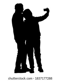 Tourists with smartphones in their hands take pictures of themselves. Isolated silhouettes on white background
