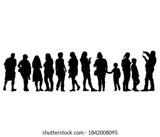 Tourists with smartphones in their hands take pictures of themselves. Isolated silhouettes on white background