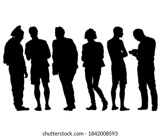 Tourists with smartphones in their hands take pictures of themselves. Isolated silhouettes on white background