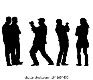 Tourists with smartphones in their hands take pictures of themselves. Isolated silhouettes on white background