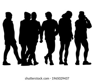 Tourists with smartphones in their hands take pictures of themselves. Isolated silhouettes on white background