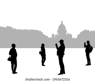 Tourists with smartphones in their hands take pictures of themselves. Isolated silhouettes on white background