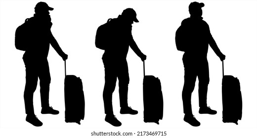Tourists stand in line. A guy with luggage on wheels and a backpack on his back. A tourist in a tracksuit, sneakers, a cap on his head. Half-side view. Three black male silhouettes isolated on white