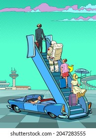 Tourists stand on the ladder to the plane. Lockdown and flight bans. Waiting for a vacation and travel