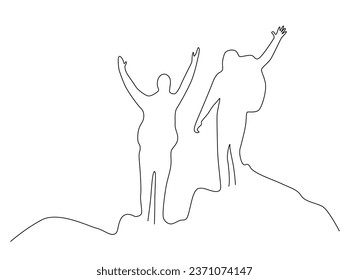 Tourists stand and wave happily on the mountain. Showing success in travel, one line art free hand drawn vector illustration.