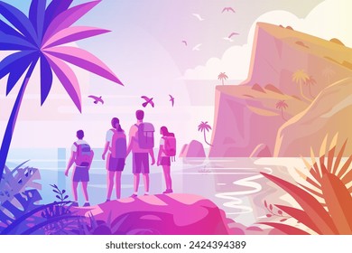 tourists standing on beach and enjoying sea scenic panorama with landscape island summer vacation time to travel concept