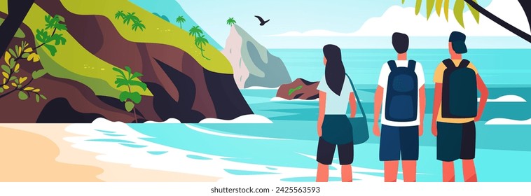 tourists standing on beach and enjoying sea scenic panorama with landscape island summer vacation time to travel concept