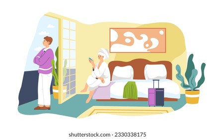 Tourists staying on vacation in hotel, woman after shower sitting on bed. Female and male personages on holidays resting and waiting for room service. Relaxation and rest. Vector in flat style