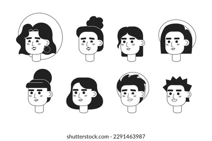 Estudiantes de turismo monocromático de caracter vectorial plano. Viajero. Caricatura blanca y negra editable enfrenta emociones. Paquete de ilustraciones de manchas de tinta de líneas dibujadas por mano para diseño gráfico web, animación