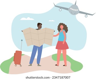 los turistas estudian el mapa de la zona. concepto de viaje aéreo y vacaciones.ilustración vectorial plana.