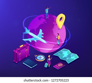 Tourists with suitcase and backpacks travelling around the globe by plane. Global travelling, trip around the world, international tourism concept. Ultraviolet neon vector isometric 3D illustration.