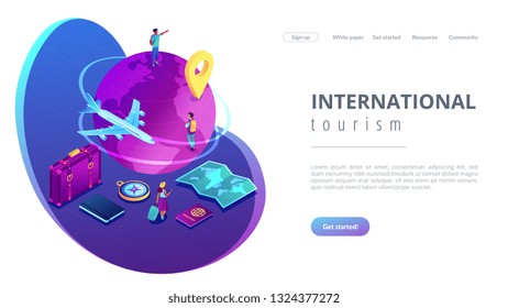 Tourists with suitcase and backpacks travelling around the globe by plane. Global travelling, trip around the world, international tourism concept. Isometric 3D website app landing web page template