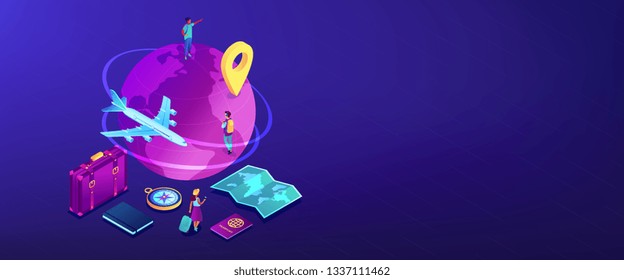 Tourists with suitcase and backpacks travelling around the globe by plane. Global travelling, trip around the world, international tourism concept. Isometric 3D banner header template copy space.