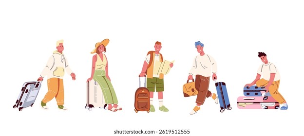 Tourists with suitcase, bag and map set. Female and male character standing to wait for flight, walking with suitcase, packing case. Travel mascot, cartoon collection vector illustration